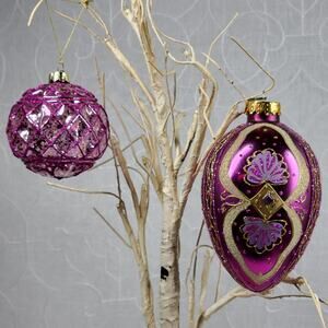 Vtg Set of 2 Handmade Purple Glass Ornaments Finial & Ball Gold & Glitter Detail
